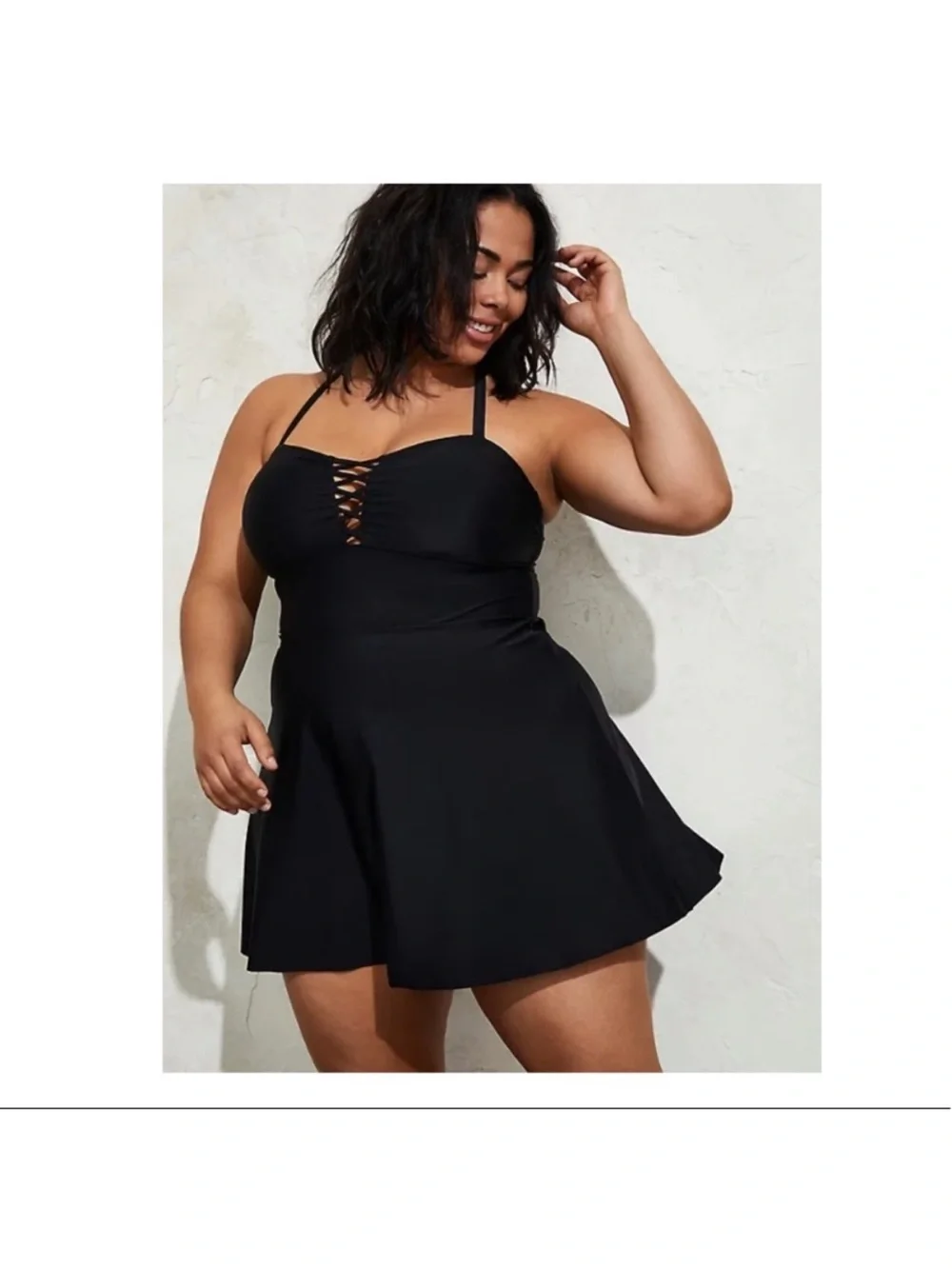 Torrid Crisscross Lattice Peplum Long Swim Dress in Black Size Medium